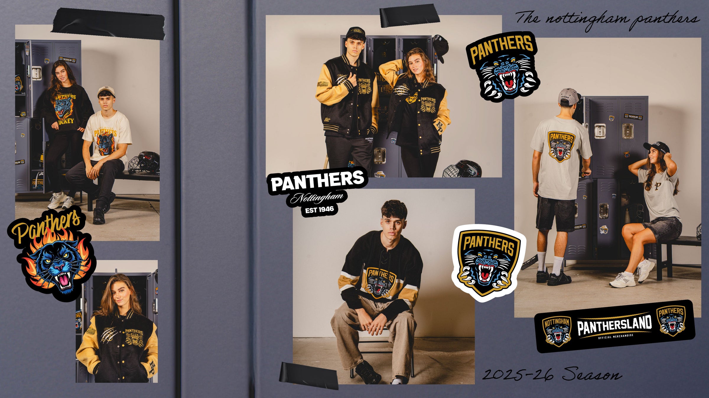 Collage of young adults wearing Nottingham Panthers sports apparel, posing by lockers and sitting on benches. Team logos and “2025–26 Season” are displayed on a grey background.