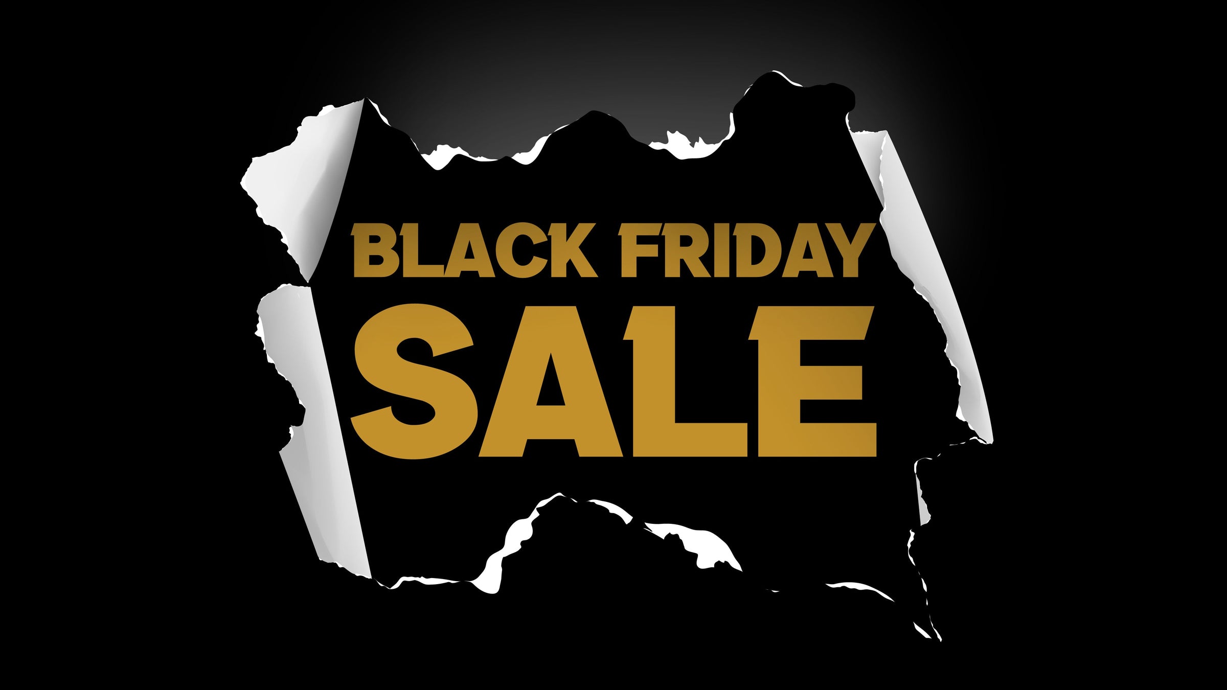 Text Black Friday Sale in bold gold letters appears through a torn black paper background with curled white edges, creating a dramatic and eye-catching effect.