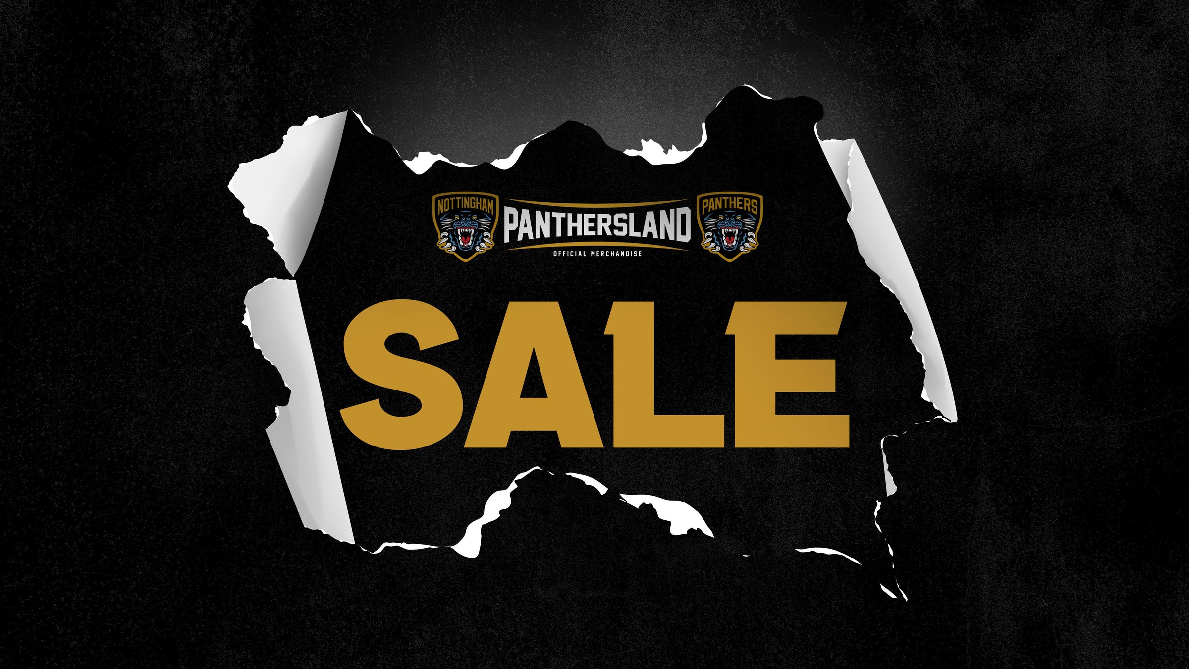 A torn black paper reveals the word “SALE” in large gold letters, with the Panthersland logo and text above it, set against a dark textured background.