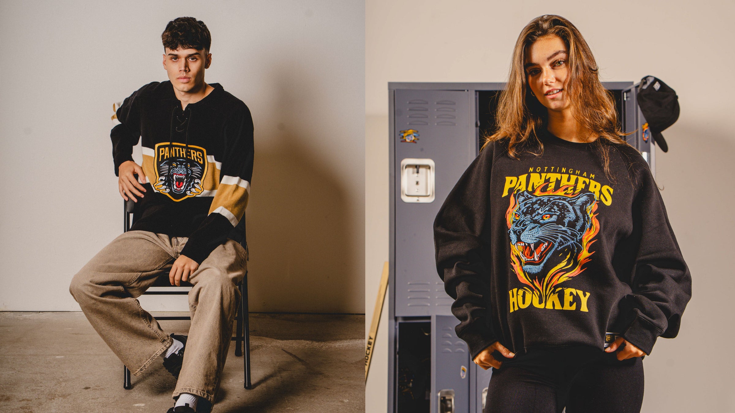 A young man and woman each wear black Panthers hockey sweatshirts; the man sits on a chair, and the woman stands by lockers with a cap hanging, both posing casually indoors.