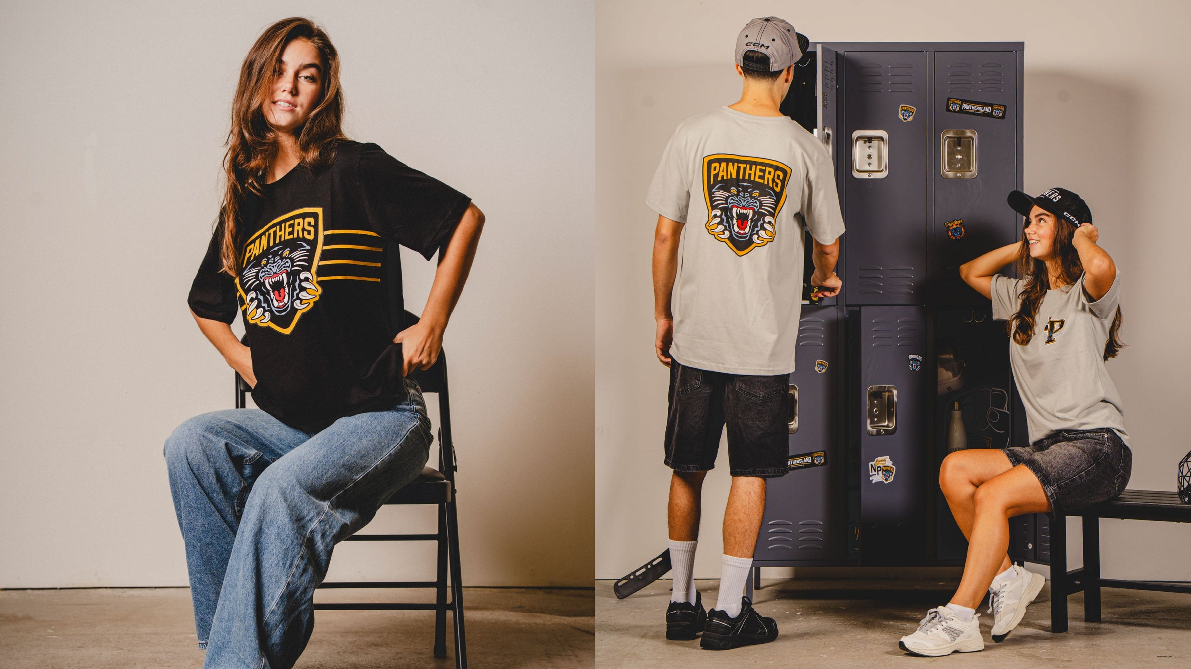 Split image: Left, a woman in a black Panthers shirt and jeans sits on a chair, smiling. Right, a man and woman in casual Panthers gear stand and sit by blue lockers, chatting and laughing.