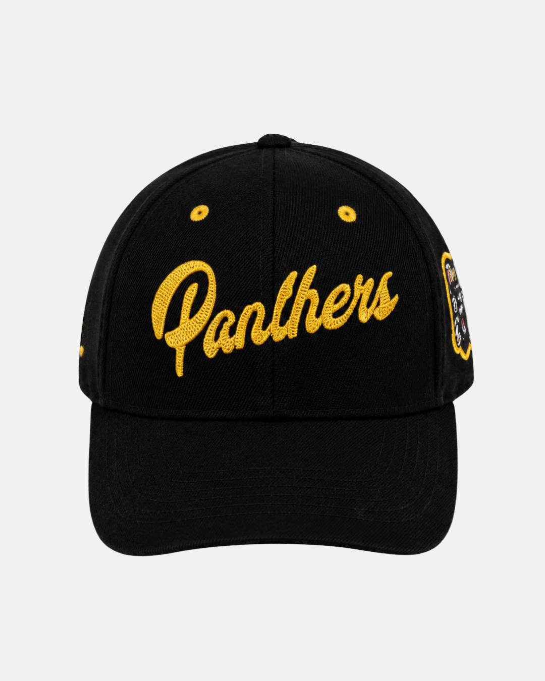 Introducing the Panthersland 26-27 Kids Snapback Cap—a black snapback cap designed for young Nottingham Panthers fans. This stylish accessory features the word “Panthers” embroidered in yellow script on the front, along with authentic embroidered team details and a small patch on the right side of the cap.