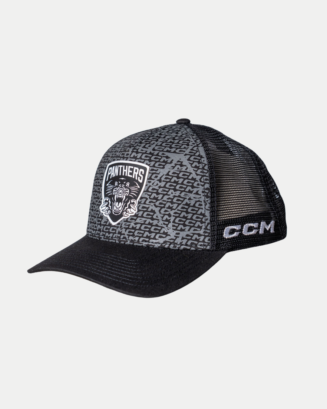 The Panthersland Nottingham Panthers 25-26 CCM Black Mesh Back Trucker is a black and gray mesh baseball cap featuring a Panthers logo, roaring panther graphic on the front, and CCM on the side of the brim.