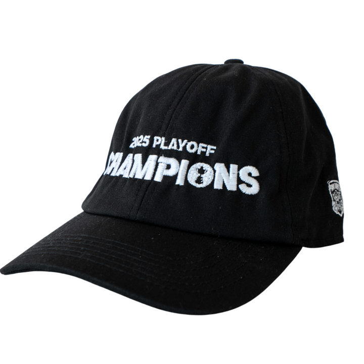 The Nottingham Panthers Made To Order Playoff Champions Panthers 2025 Organic Cotton Dad Cap features black and white colors, white embroidered front text, and a side patch.