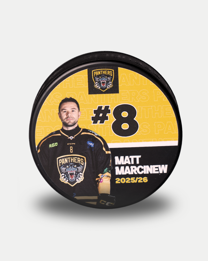 Part of the Nottingham Panthers 2025-26 Player Pucks range, this limited edition puck showcases Matt Marcinew (#8) in a black jersey with team logo, set against a bold yellow and black background.