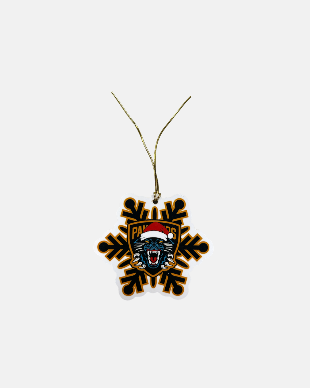 Bring team spirit to your holiday season with the Nottingham Panthers Snowflake Christmas Tree Decoration from Panthersland. This unique ornament features a roaring panther in a Santa hat at the center of a snowflake design and hangs elegantly by a gold string against a plain white backdrop—an ideal festive accent for any dedicated Nottingham Panthers fan.