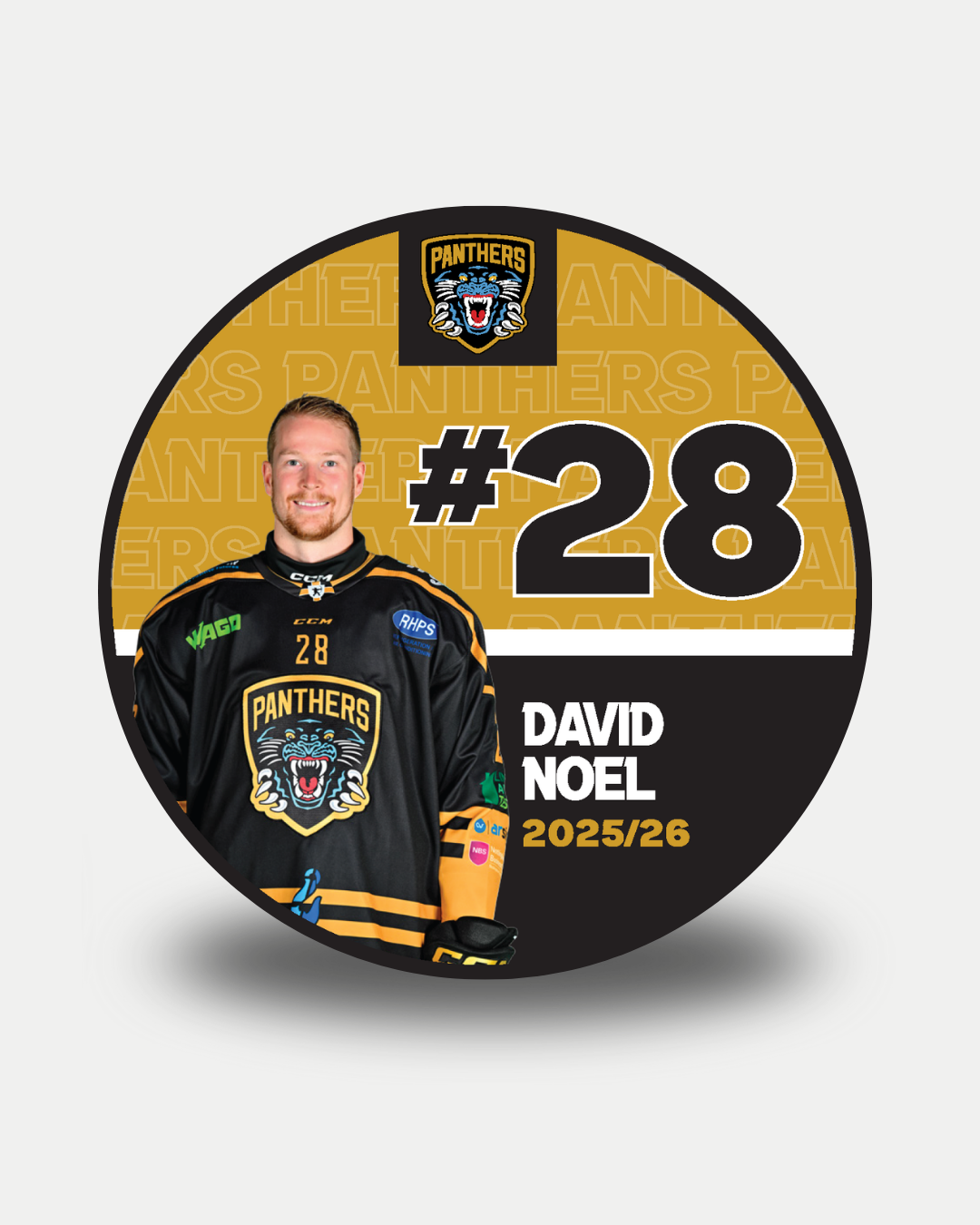 A circular graphic shows Nottingham Panthers’ David Noel (#28) in black, with his name, number, and 2025/26 alongside the Panthers logo on gold—ideal for the limited edition 2025-26 Panthers Player Pucks by Nottingham Panthers.