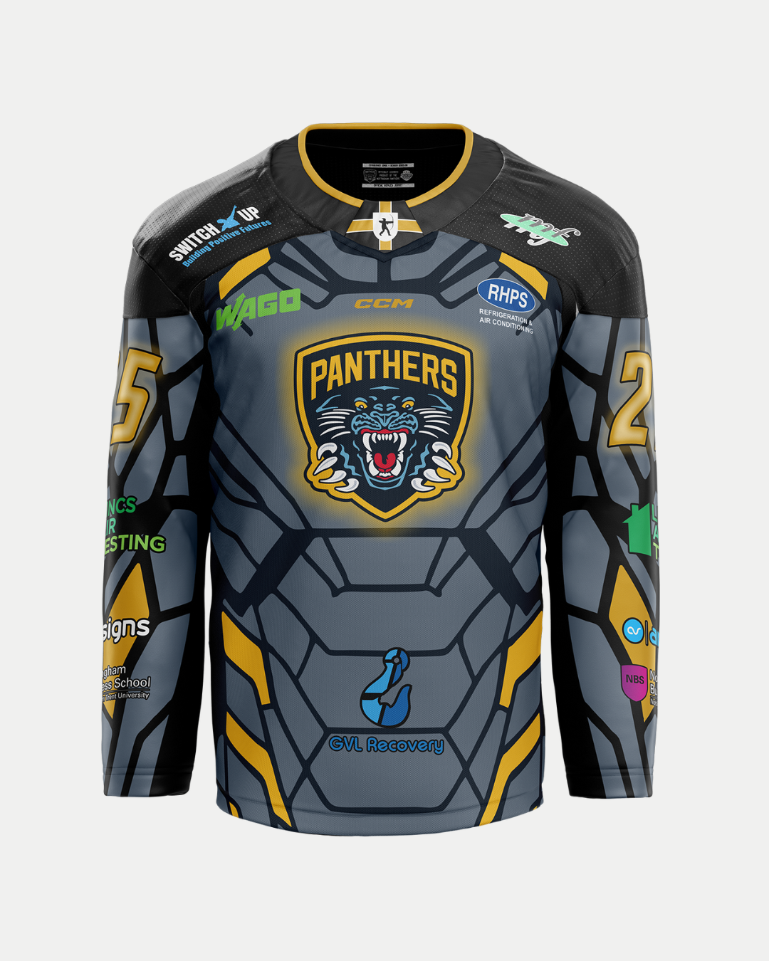 The Panthersland 2025/26 Classic Custom Replica Superhero Night Jersey features a gray, black, and yellow geometric design, a roaring panther logo, "Panthers" on the chest, number 25 on each sleeve, and sponsor logos— inspired by the Nottingham Panthers.