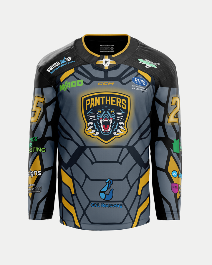 The Panthersland 2025/26 Classic Custom Replica Superhero Night Jersey features a gray, black, and yellow geometric design, a roaring panther logo, "Panthers" on the chest, number 25 on each sleeve, and sponsor logos— inspired by the Nottingham Panthers.