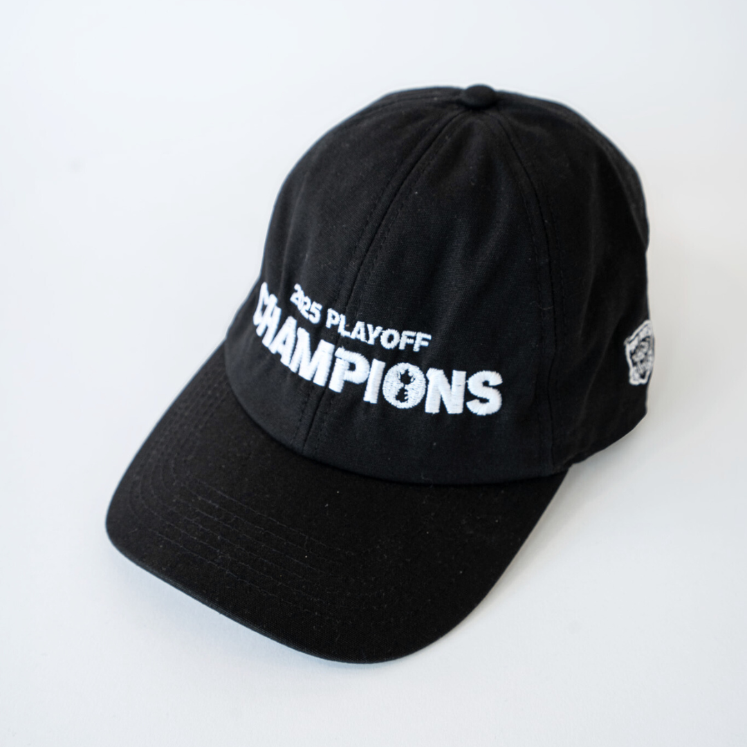 The Nottingham Panthers Made To Order Playoff Champions Panthers 2025 Organic Cotton Dad Cap in black & white features 2025 PLAYOFF CHAMPIONS embroidery on the front and is crafted from 100% organic cotton.