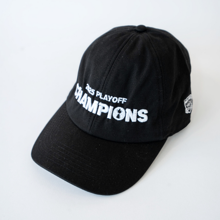 The Nottingham Panthers Made To Order Playoff Champions Panthers 2025 Organic Cotton Dad Cap in black & white features 2025 PLAYOFF CHAMPIONS embroidery on the front and is crafted from 100% organic cotton.