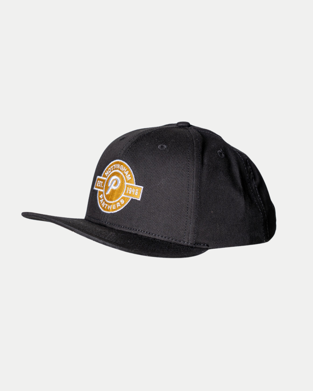 The Panthersland Nottingham Panthers 25-26 CCM Black Flatbrim Snapback features a circular yellow and white embroidered logo with "Est. 1946" on the front left panel, shown on a plain white background.