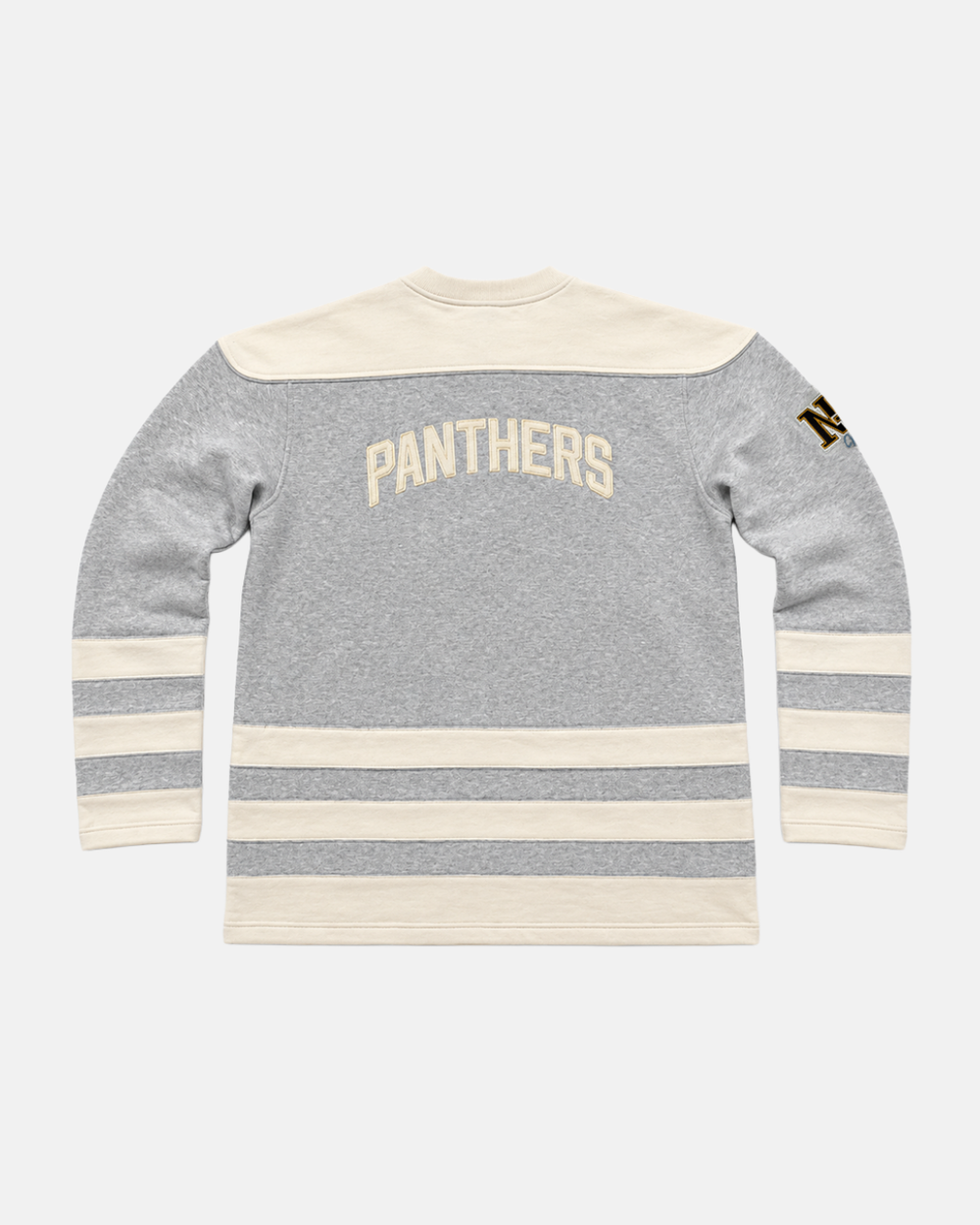 Here is a rewritten version of your sentence using the provided product data: The Panthersland 26-27 Grey Lace Crewneck features white shoulder panels and stripes along the sleeves and hem. “PANTHERS” is printed in bold white lettering across the back, while an “N” patch decorates the left sleeve. A classic twill crest logo lends a timeless touch to this sporty sweatshirt design.