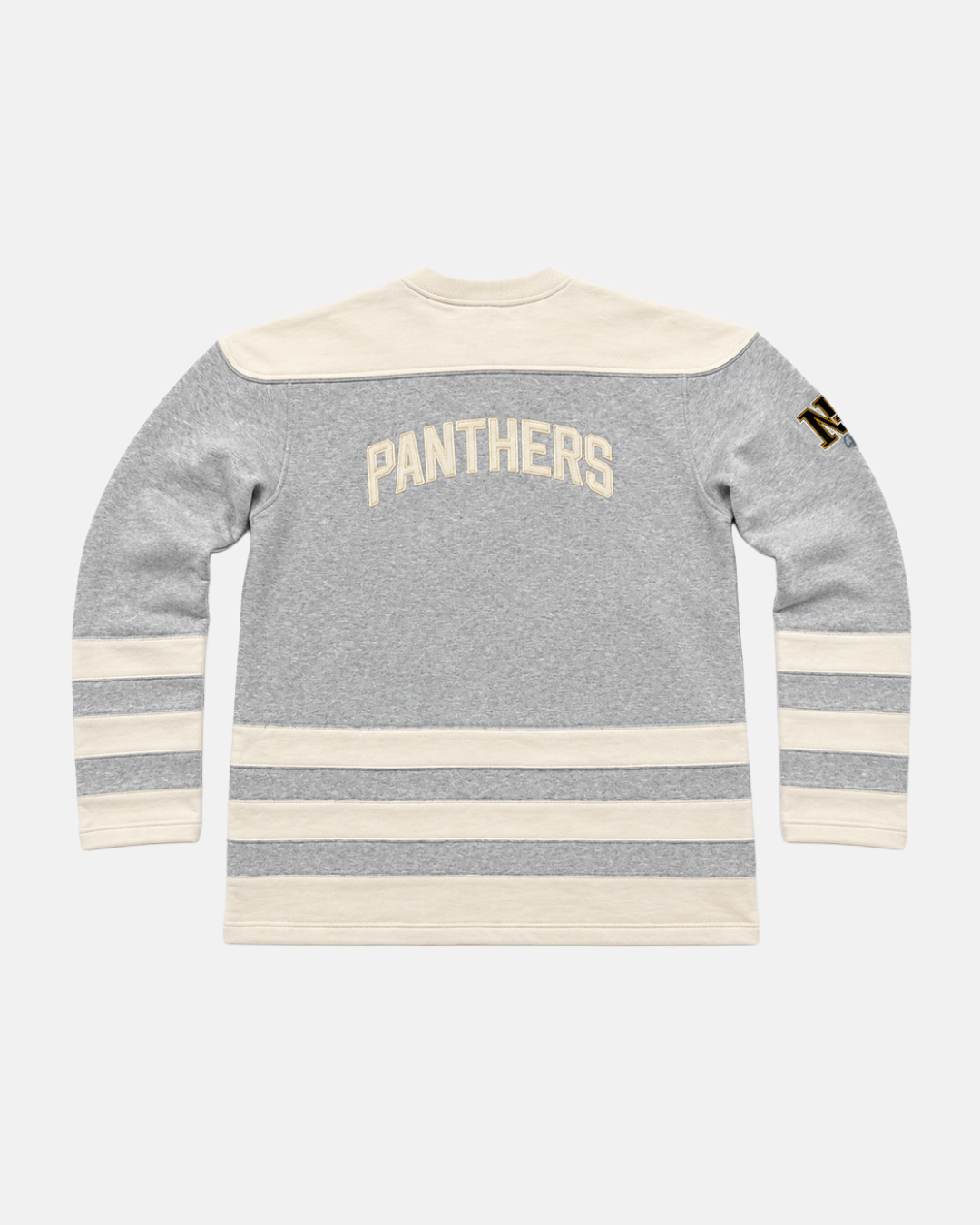 Here is a rewritten version of your sentence using the provided product data: The Panthersland 26-27 Grey Lace Crewneck features white shoulder panels and stripes along the sleeves and hem. “PANTHERS” is printed in bold white lettering across the back, while an “N” patch decorates the left sleeve. A classic twill crest logo lends a timeless touch to this sporty sweatshirt design.