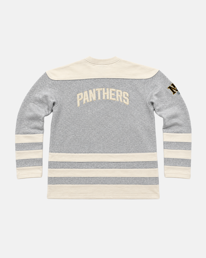 Here is a rewritten version of your sentence using the provided product data: The Panthersland 26-27 Grey Lace Crewneck features white shoulder panels and stripes along the sleeves and hem. “PANTHERS” is printed in bold white lettering across the back, while an “N” patch decorates the left sleeve. A classic twill crest logo lends a timeless touch to this sporty sweatshirt design.