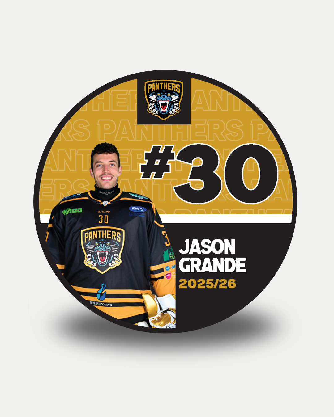 A circular graphic features a smiling hockey player in a black and gold Nottingham Panthers jersey (#30), with text JASON GRANDE 2025/26. The design highlights limited edition 2025-26 Panthers Player Pucks by Nottingham Panthers and the club’s logo.
