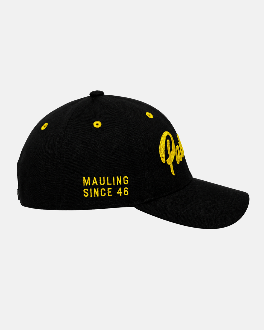 A black 26-27 Kids Snapback Cap by Panthersland, featuring yellow accents and embroidered yellow text reading “MAULING SINCE 46” on the side, along with partially visible yellow script on the front. This stylish snapback cap showcases team-inspired embroidery for young Nottingham Panthers fans, making it the perfect accessory for kids.