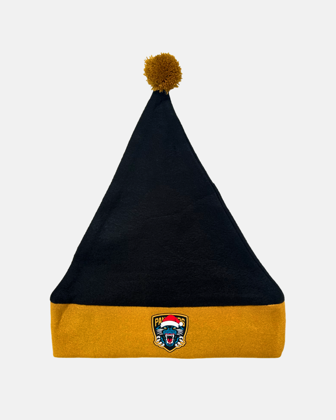 Introducing the Nottingham Panthers Santa Hat by Panthersland—a festive black and gold beanie featuring a gold pom-pom on top and a patch of a roaring cat in a Santa hat above the words “Nottingham Panthers.” It’s the perfect way to show your team spirit this holiday season!.