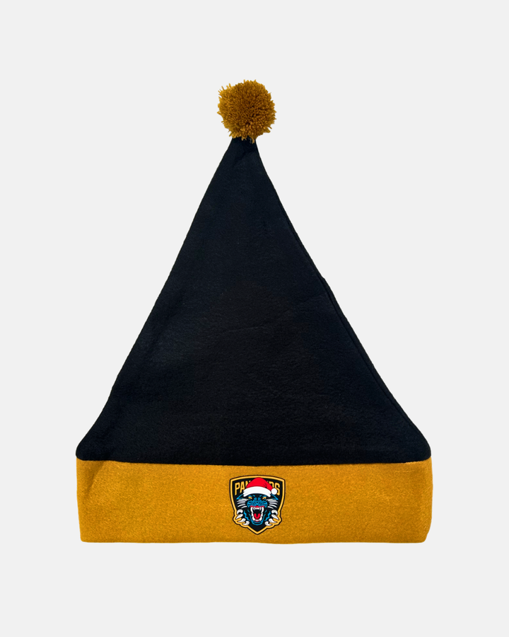 Introducing the Nottingham Panthers Santa Hat by Panthersland—a festive black and gold beanie featuring a gold pom-pom on top and a patch of a roaring cat in a Santa hat above the words “Nottingham Panthers.” It’s the perfect way to show your team spirit this holiday season!.