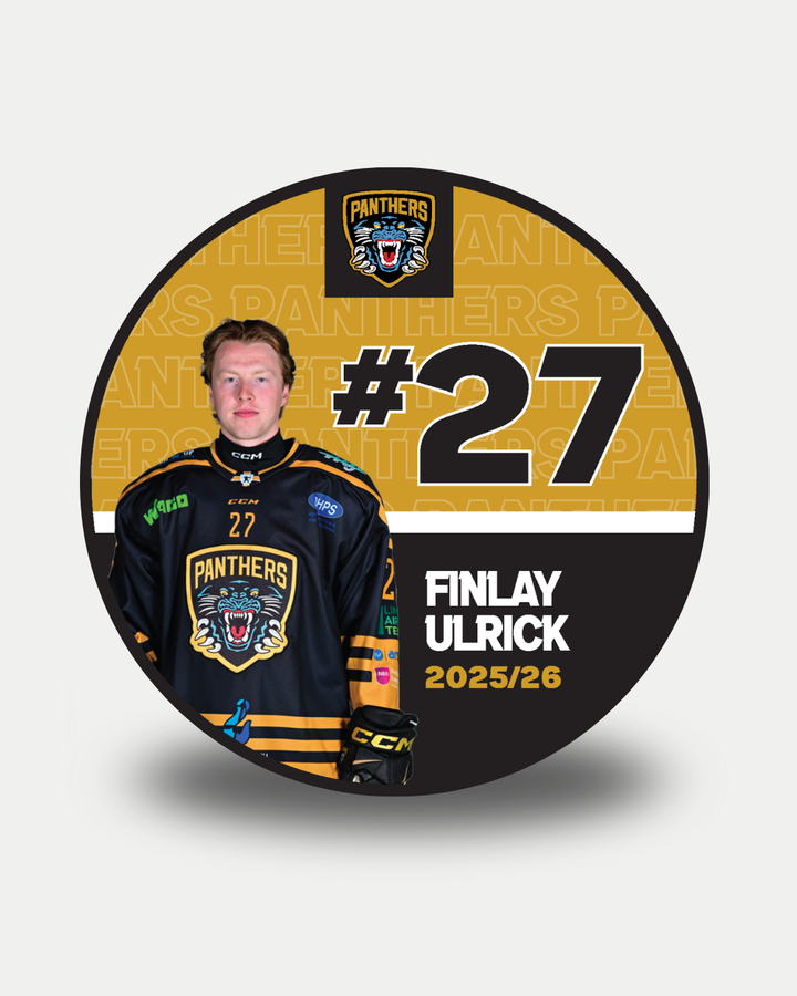 A circular Nottingham Panthers 2025-26 Player Puck featuring Finlay Ulrick in a limited edition jersey, number 27, with the team logo above his name on a gold and black background.