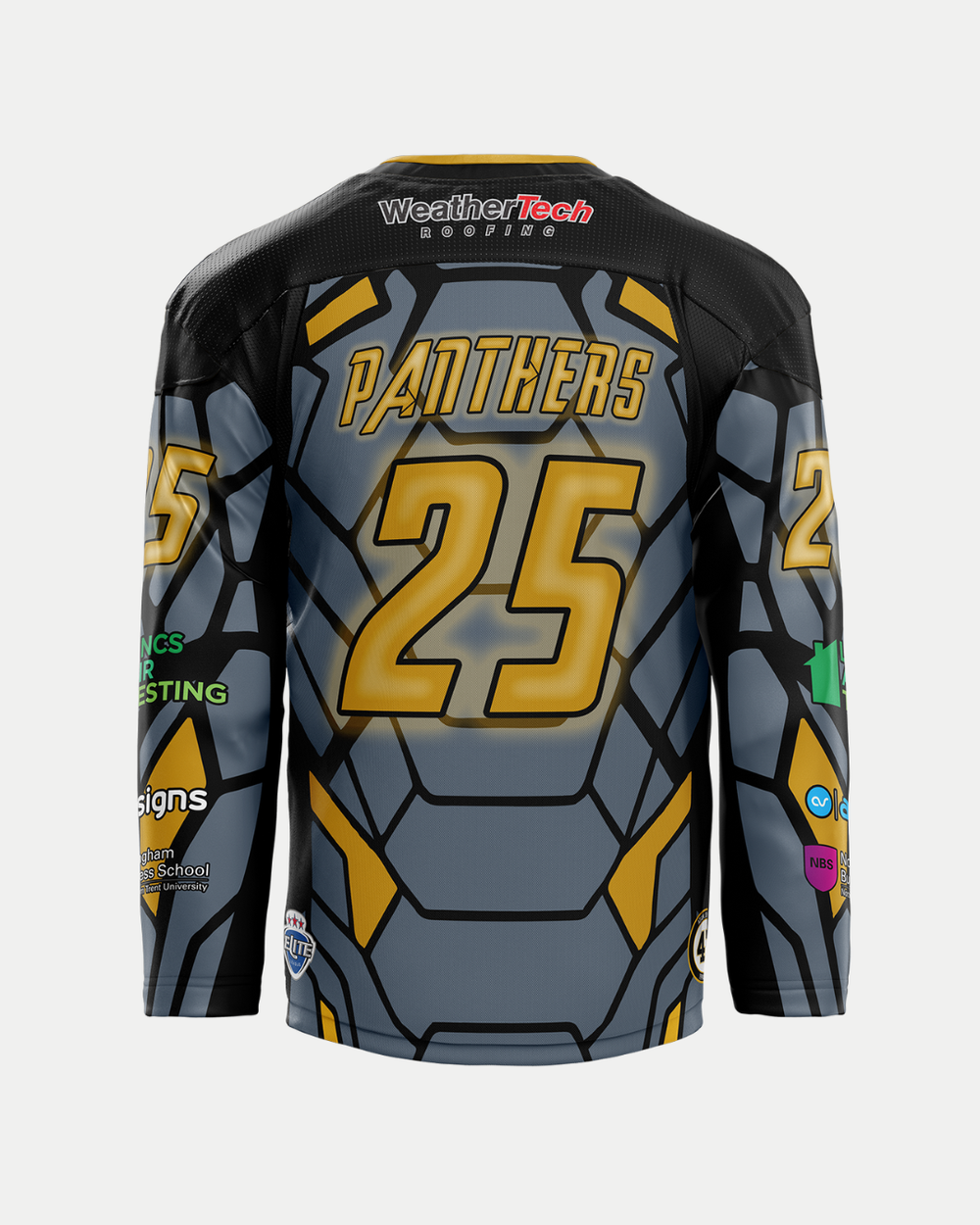 The Panthersland 2025/26 Classic Custom Replica Superhero Night Jersey features black and gold colors, "PANTHERS" and number 25 on the back, sponsor logos on both sleeves, and an armor-plating pattern—ideal for fans.
