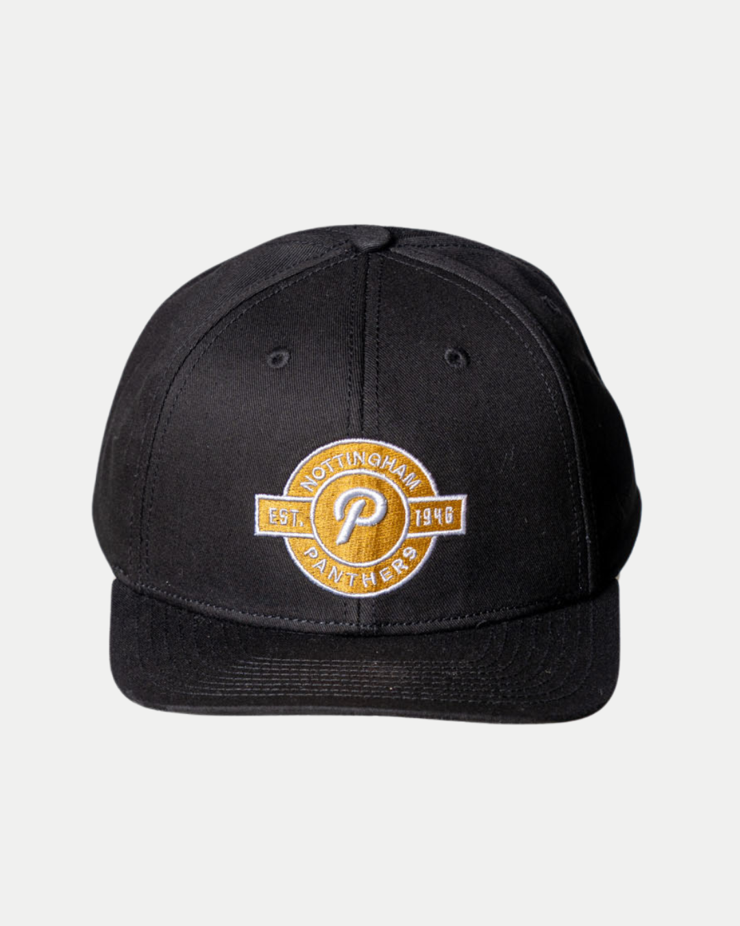 The Panthersland Nottingham Panthers 25-26 CCM Black Flatbrim Snapback features a circular yellow and white team logo with "Est. 1946" embroidered on the front.
