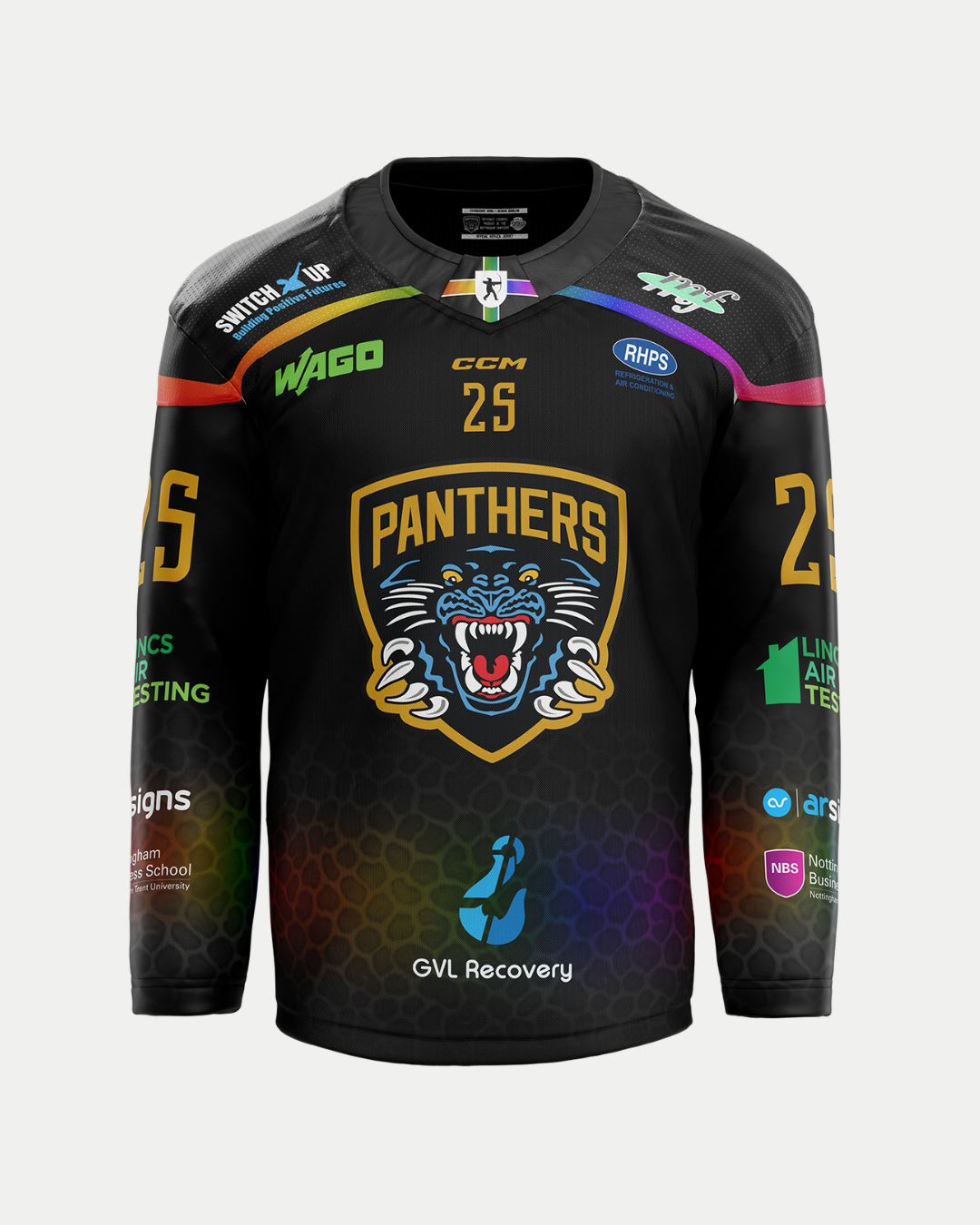 The Panthersland 2025/26 Classic Replica Pride Jersey is black with a roaring panther logo, gold 25 numbers, sponsor logos, and subtle honeycomb with rainbow accents. Check our size guide for the perfect fit.