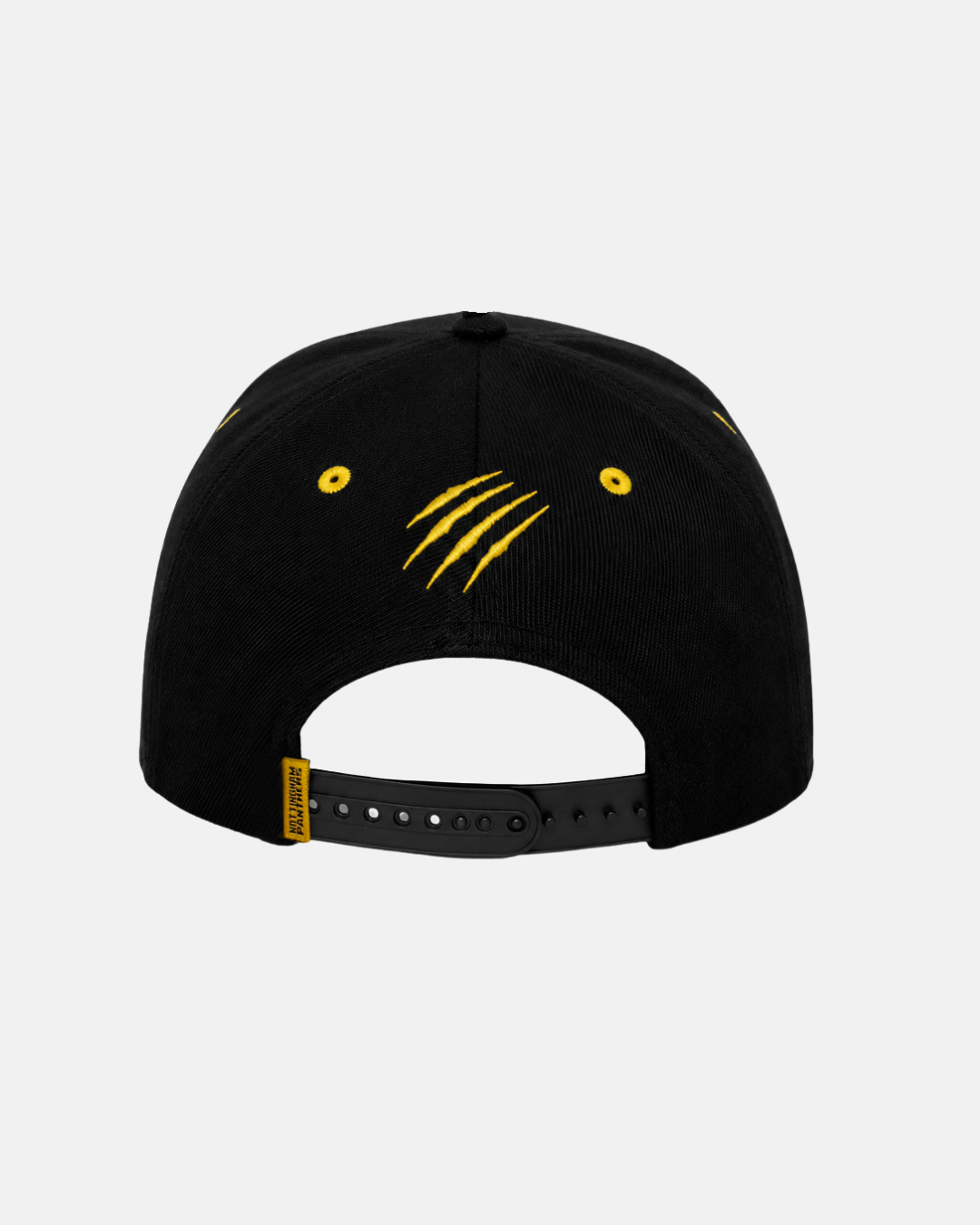 The Panthersland 26-27 Kids Snapback Cap is shown from the back, displaying yellow eyelets and three yellow embroidered diagonal lines, with an adjustable snapback closure and a small yellow tag—making it perfect for young Nottingham Panthers fans.