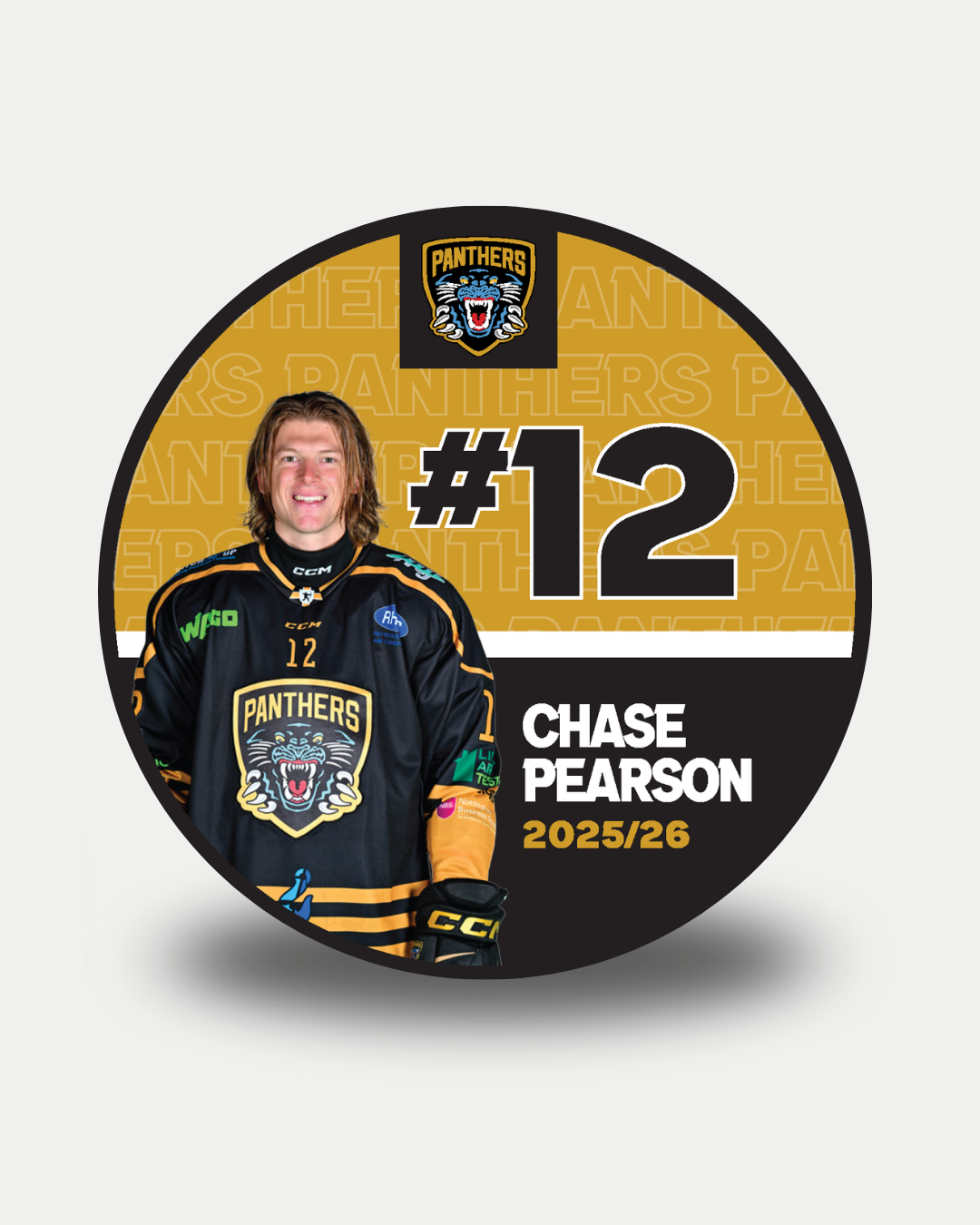 A circular graphic shows Chase Pearson (#12) in a Nottingham Panthers jersey, with "2025-26 Panthers Player Pucks" and the Nottingham Panthers logo as the background, alongside limited edition pucks from Nottingham Panthers.
