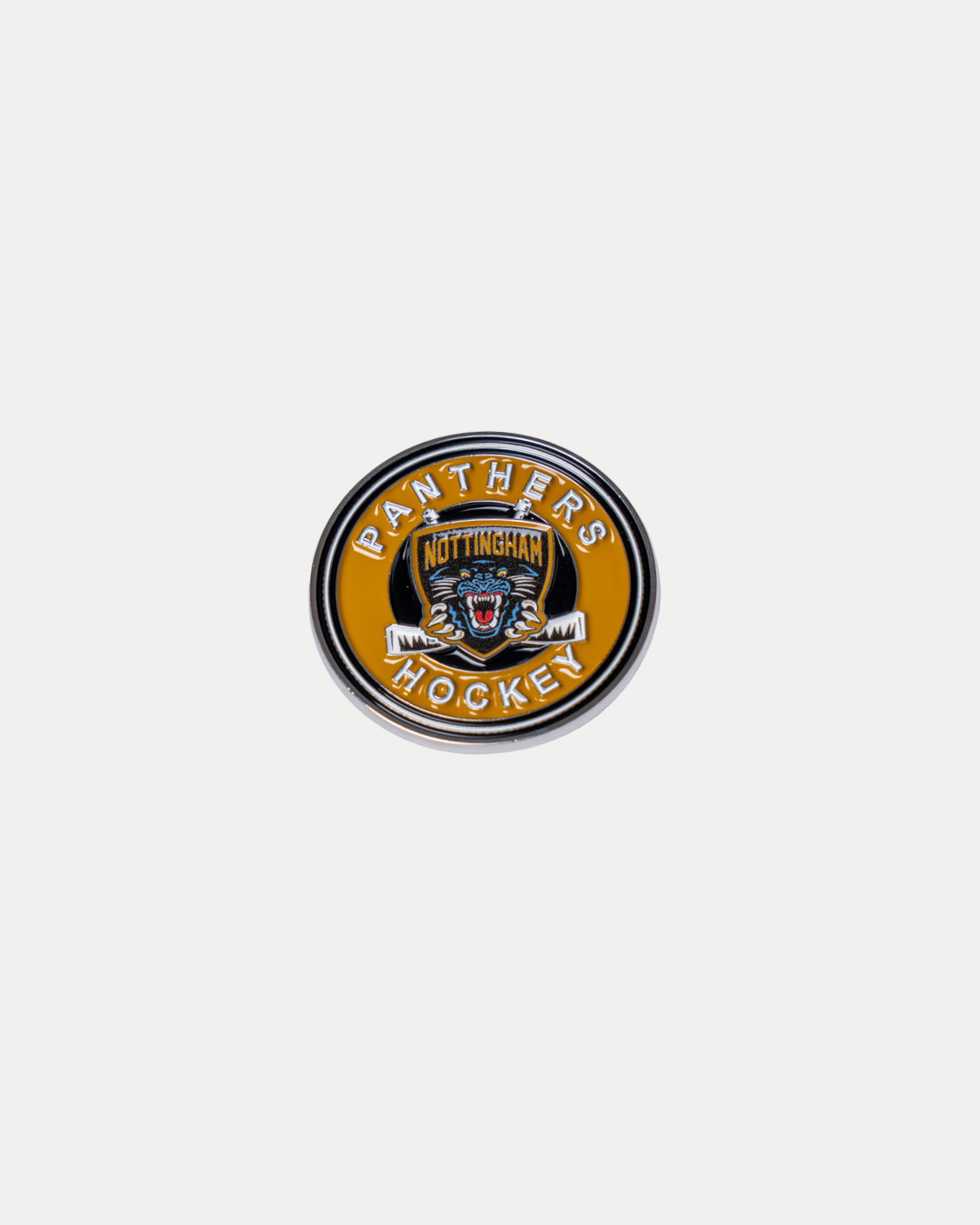 The Panthersland Nottingham Panthers Hockey Pin Badge features a snarling panther, "NOTTINGHAM" above, and "PANTHERS HOCKEY" around the edge, all on a yellow background.