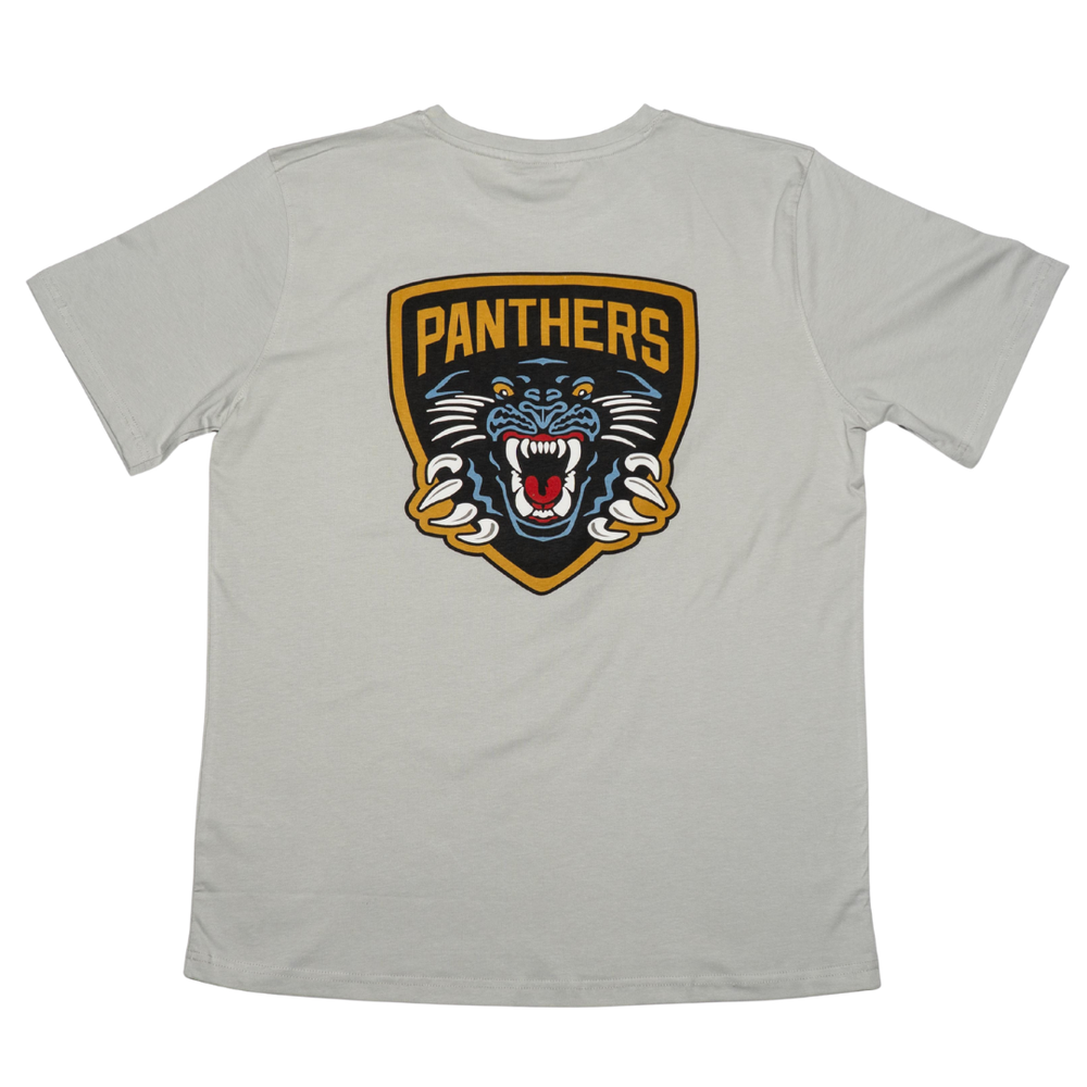 The Panthersland Kids NP Logo T-Shirt Grey displays a bold shield emblem with PANTHERS and a roaring black panther head outlined in gold on the back—perfect for showing Nottingham Panthers pride.