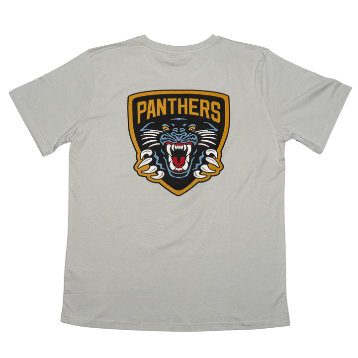 The Panthersland Kids NP Logo T-Shirt Grey displays a bold shield emblem with PANTHERS and a roaring black panther head outlined in gold on the back—perfect for showing Nottingham Panthers pride.