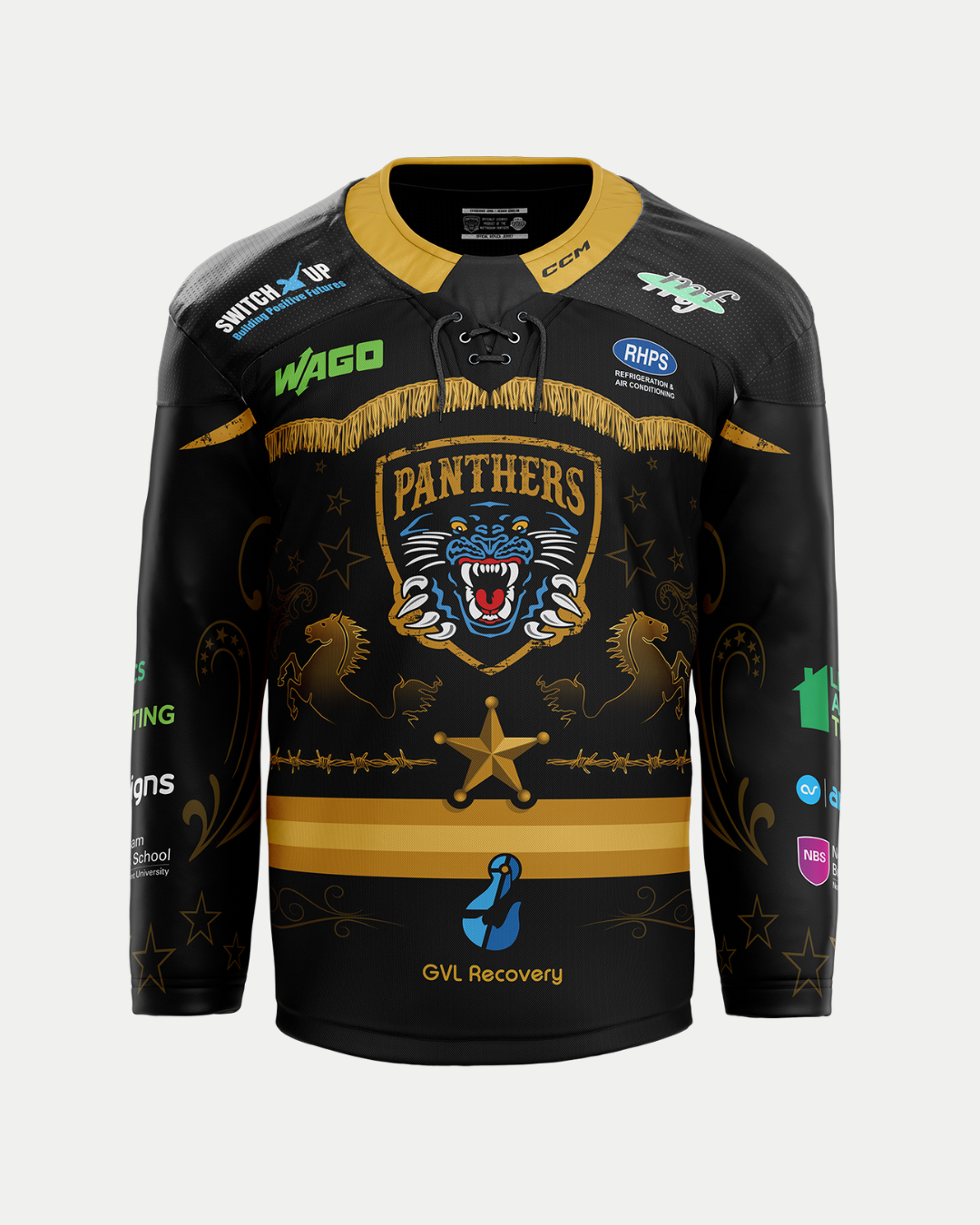The 2025/26 Classic Replica Country Night Jersey by Panthersland is a black jersey with gold accents, a roaring panther logo, PANTHERS text, sponsor logos, gold stars, and a blue GVL Recovery ribbon on the front.