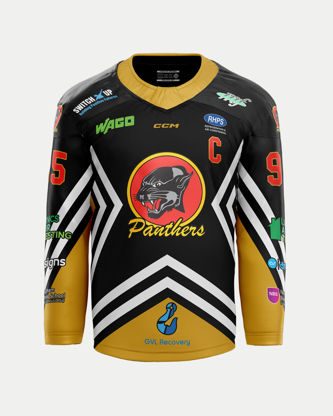 The Nottingham Panthers’ 2025/26 Authentic Team Replica Retro Jersey features a black body, gold sleeves, chest panther logo, “Panthers” text, captain’s C, number 95, white chevrons, and sponsor logos.