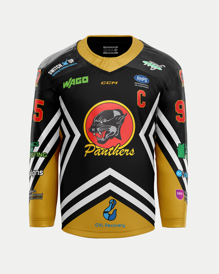 The Nottingham Panthers’ 2025/26 Authentic Team Replica Retro Jersey features a black body, gold sleeves, chest panther logo, “Panthers” text, captain’s C, number 95, white chevrons, and sponsor logos.