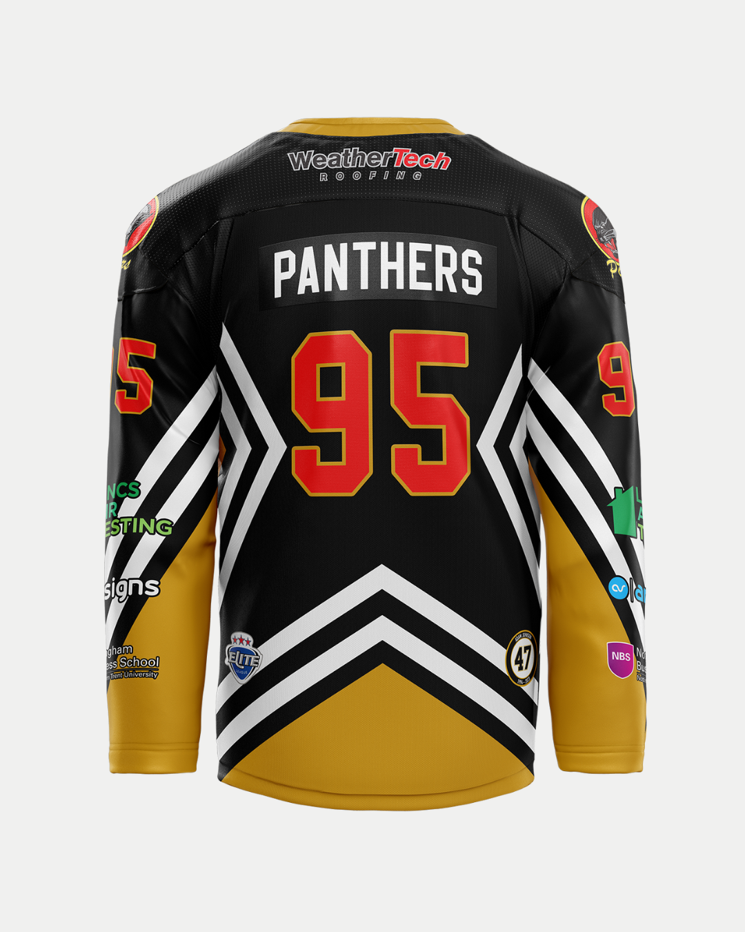 The Nottingham Panthers 2025/26 Authentic Team Replica Retro Jersey in black and gold features “PANTHERS” and number 95 on the back, an embroidered chest logo, white chevrons, plus sponsor patches on sleeves and lower back.