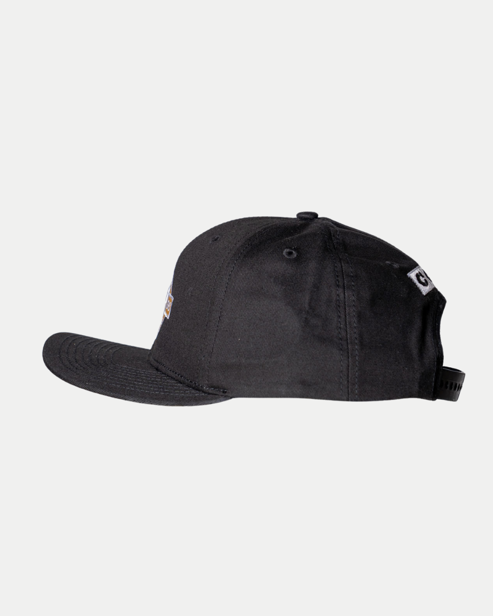 The Nottingham Panthers 25-26 CCM Black Flatbrim Snapback by Panthersland, featuring a flat brim and adjustable strap, is shown from the side against a plain white background.