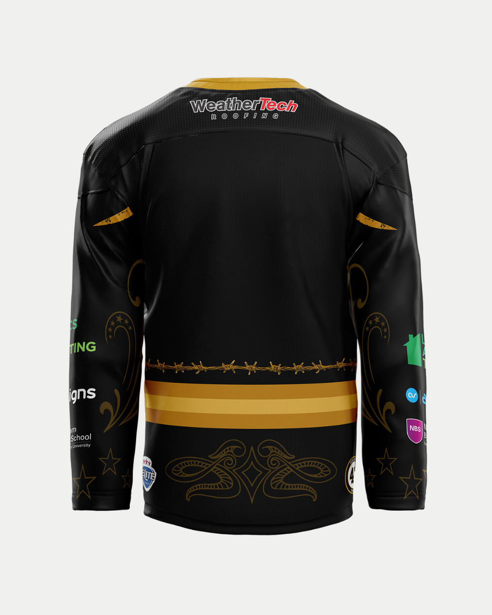 The Panthersland 2025/26 Classic Replica Country Night Jersey in black features gold patterns, sponsor logos, a gold lower stripe, and distinctive designs on the shoulders and sleeves, as seen from the back.