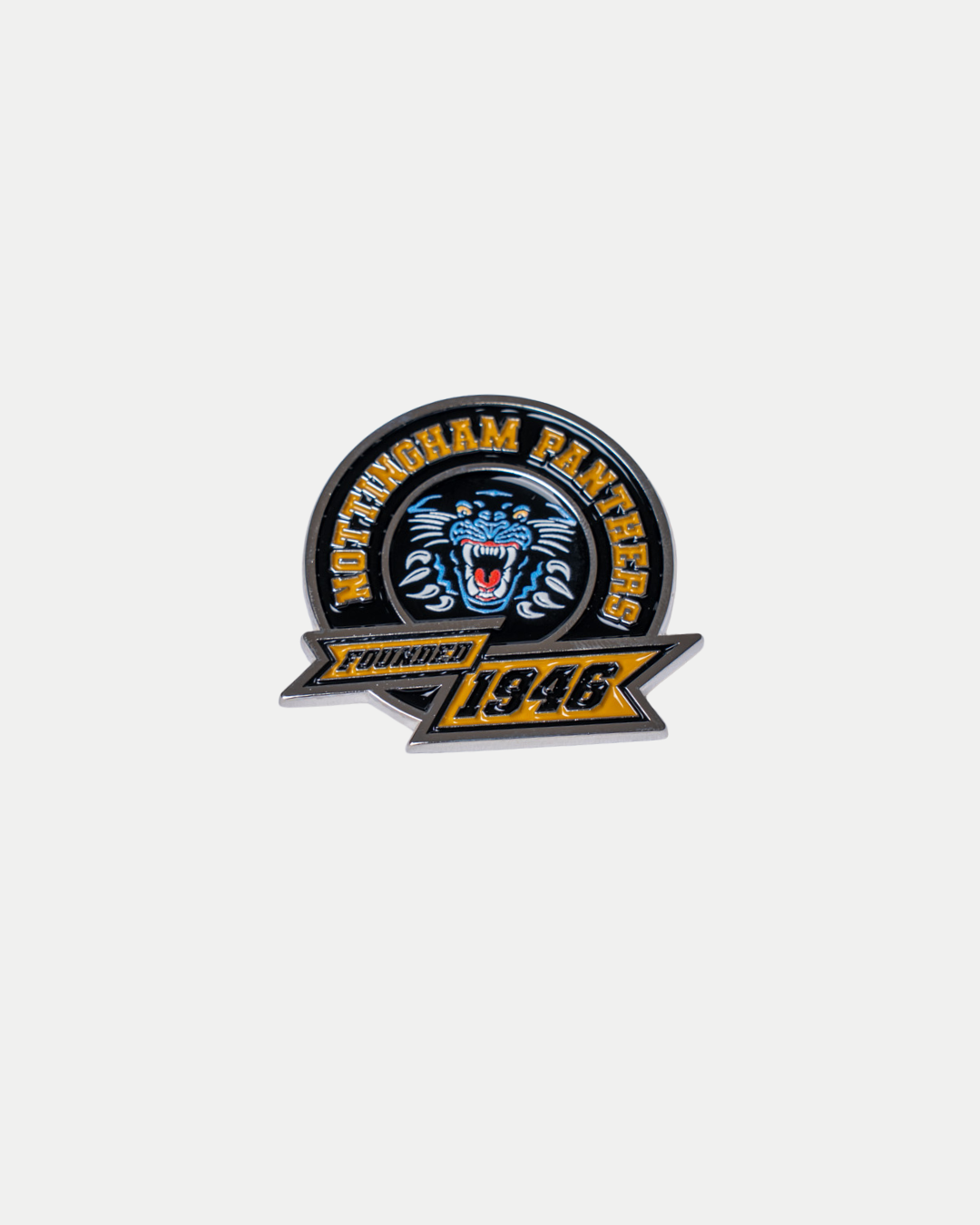 The Panthersland Nottingham Panthers Founded Pin Badge features a circular design with a roaring panther head, "NOTTINGHAM PANTHERS" in yellow above, and a yellow banner below stating "FOUNDED 1946.