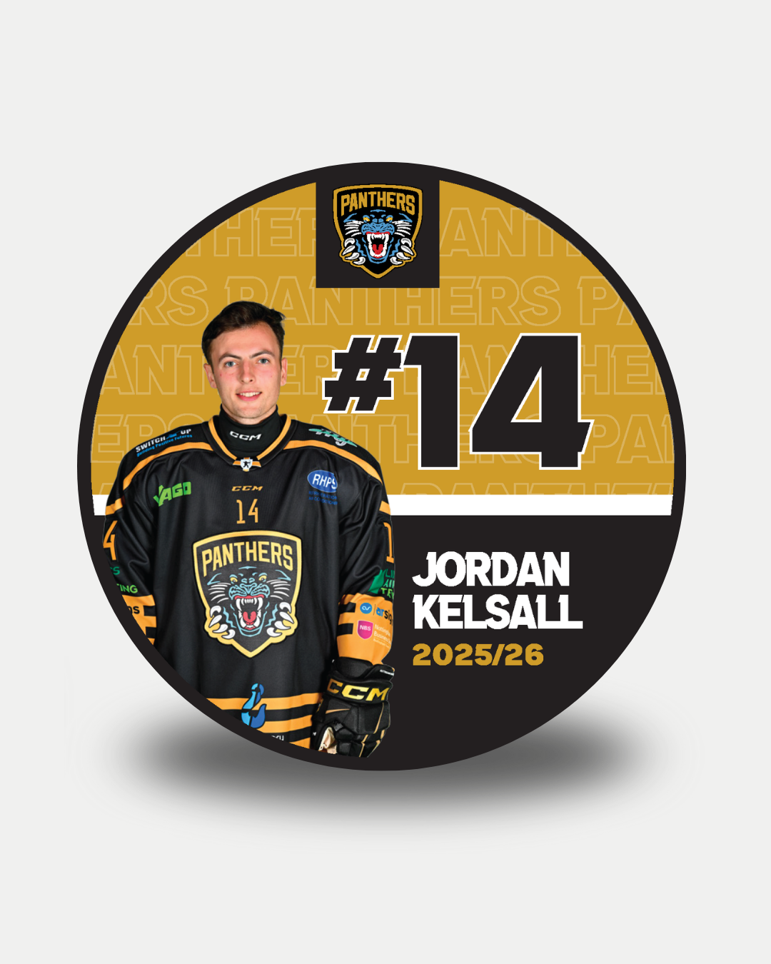A circular graphic shows Nottingham Panthers’ Jordan Kelsall (#14) in his jersey, with bold “#14 Jordan Kelsall 2025/26” text on a gold and black background, Panthers logo, and limited 2025-26 Panthers Player Pucks.