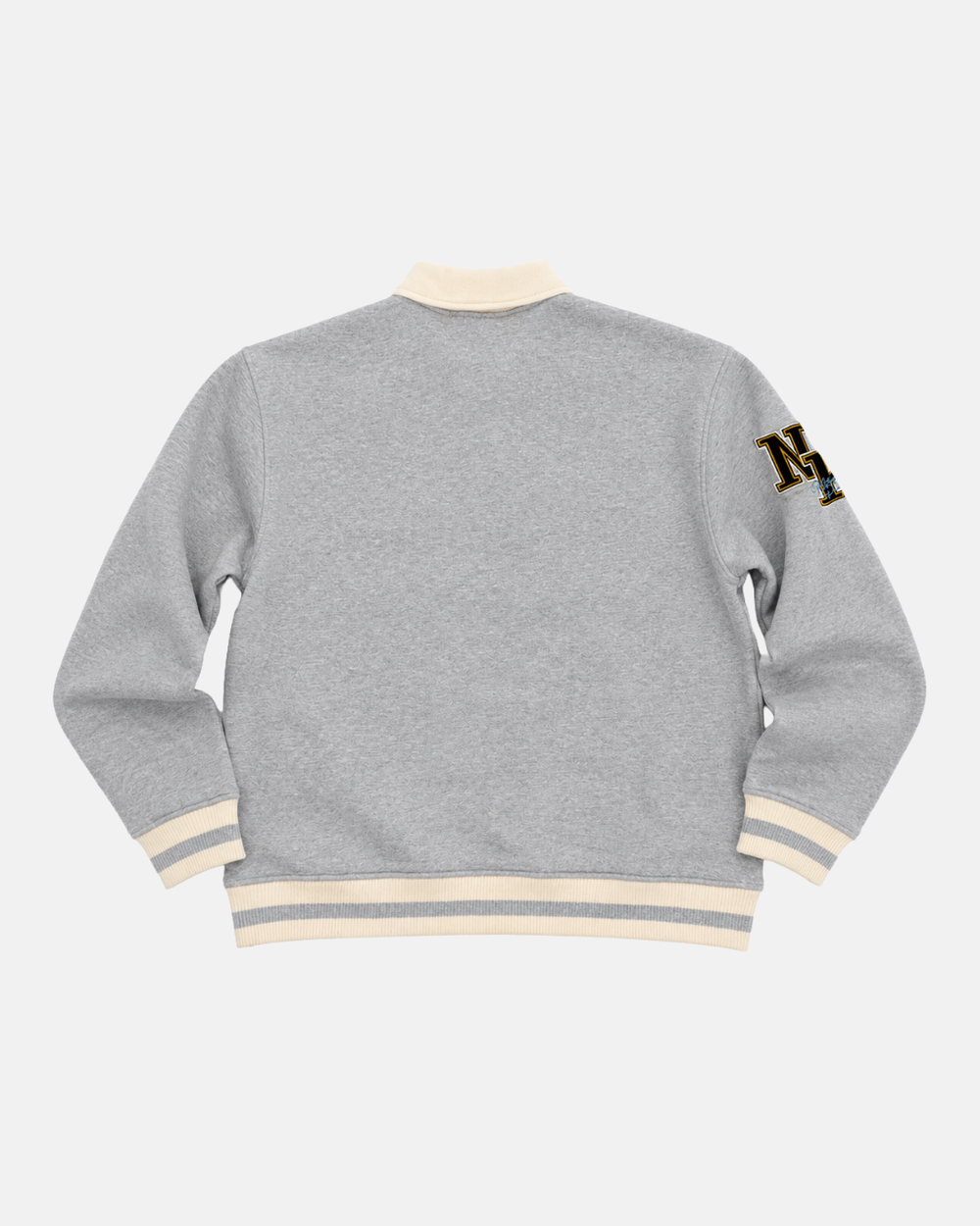 The Panthersland 26-27 Grey Crest Sweater features a gray varsity style with cream-colored cuffs, collar, and waistband—ideal for game day apparel. The back is plain, accented by an NY patch on the left sleeve.