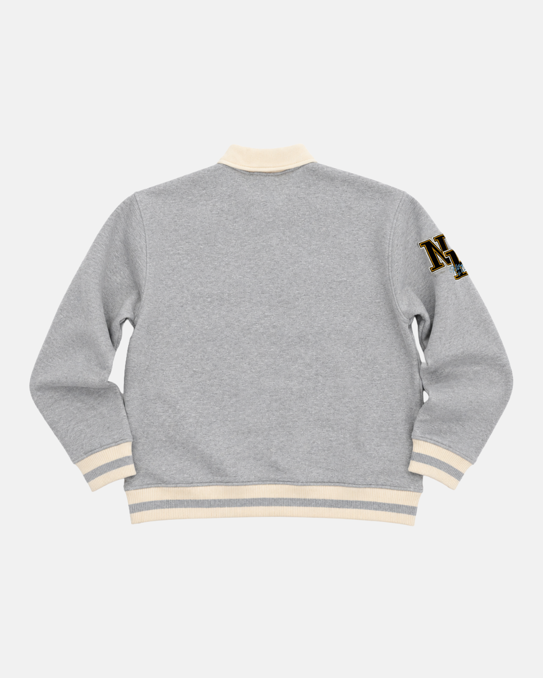 The Panthersland 26-27 Grey Crest Sweater features a gray varsity style with cream-colored cuffs, collar, and waistband—ideal for game day apparel. The back is plain, accented by an NY patch on the left sleeve.