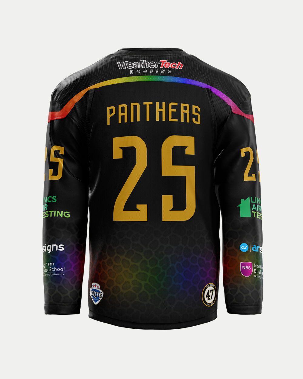 The back of the Panthersland 2025/26 Classic Custom Replica Pride Jersey features “Panthers” and gold 25, colorful accents, and sponsor logos—ideal for personalized jerseys for the new season.