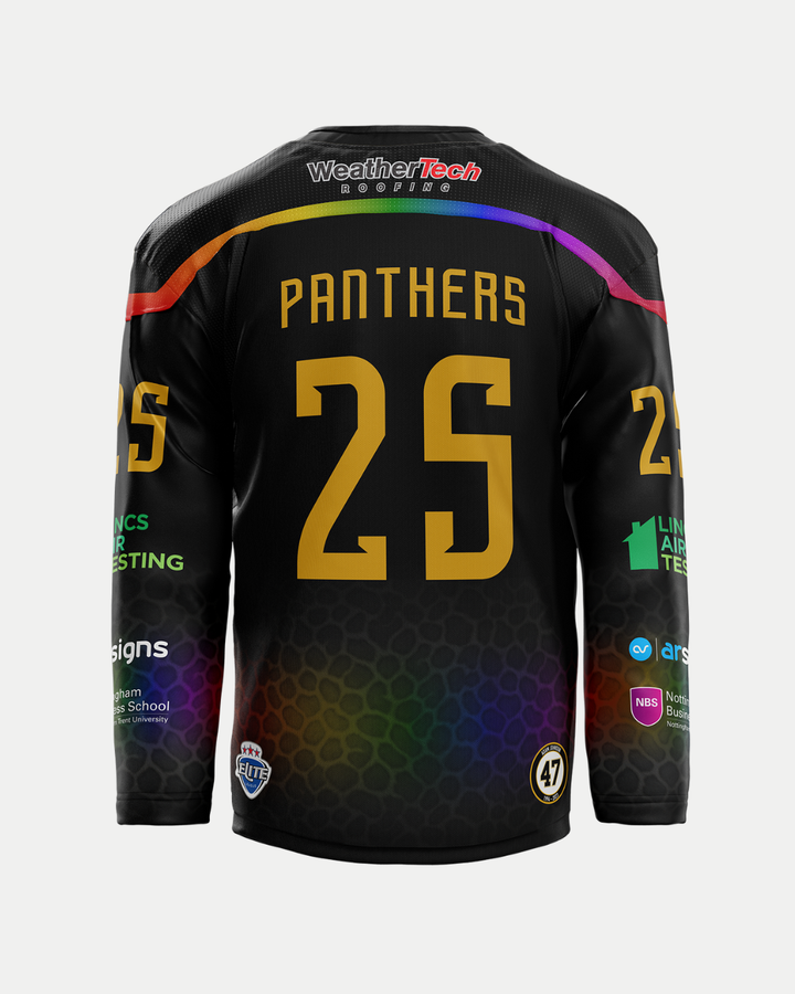 The back of the Panthersland 2025/26 Classic Custom Replica Pride Jersey features “Panthers” and gold 25, colorful accents, and sponsor logos—ideal for personalized jerseys for the new season.
