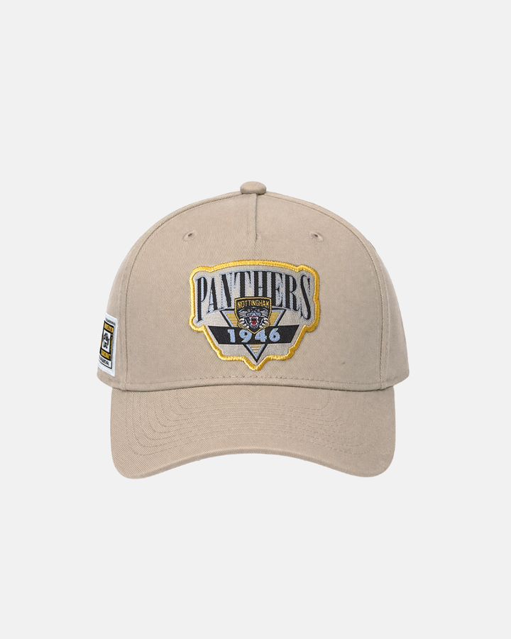 The Panthersland 26-27 Vintage Snapback is a beige cotton adjustable baseball cap featuring “Panthers 1946” and a logo patch on the front, along with a small rectangular patch on the left side—delivering effortless style and an authentic Panthers feel for any fan.