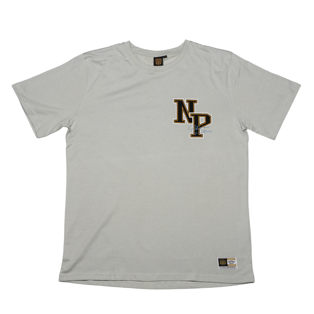 The Panthersland Kids NP Logo T-Shirt Grey features short sleeves and a small yellow, black, and white Nottingham Panthers NP logo on the left chest—ideal for young fans to show team spirit.