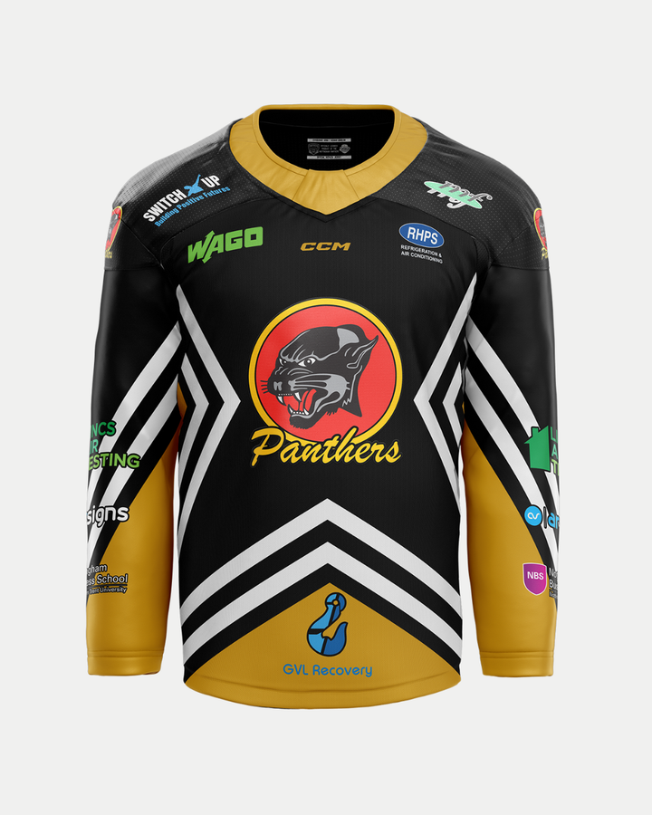 Get the 2025/26 Authentic Replica Retro Jersey from The Nottingham Panthers: black with gold sleeves, white chevrons, a bold panther logo, and multicolor sponsor logos. Pre-order now to be among the first to own it!.