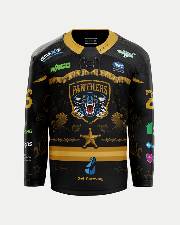The Panthersland 2025/26 Classic Team Replica Country Night Jersey features black fabric with gold accents, a snarling panther logo, "Panthers," gold stars, and colorful sponsor logos—perfect for standout fans.