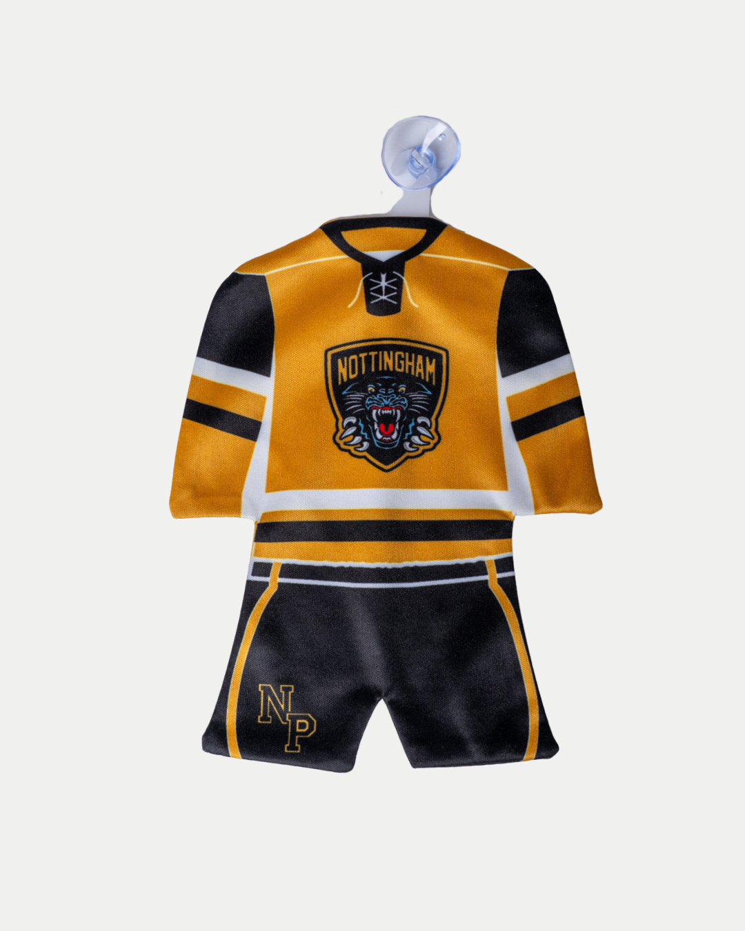 The Panthersland Nottingham Panthers Mini Car Jersey is a black, gold, and white set with the team’s logo on the jersey and NP initials on the shorts, designed to hang from a suction cup in your car.