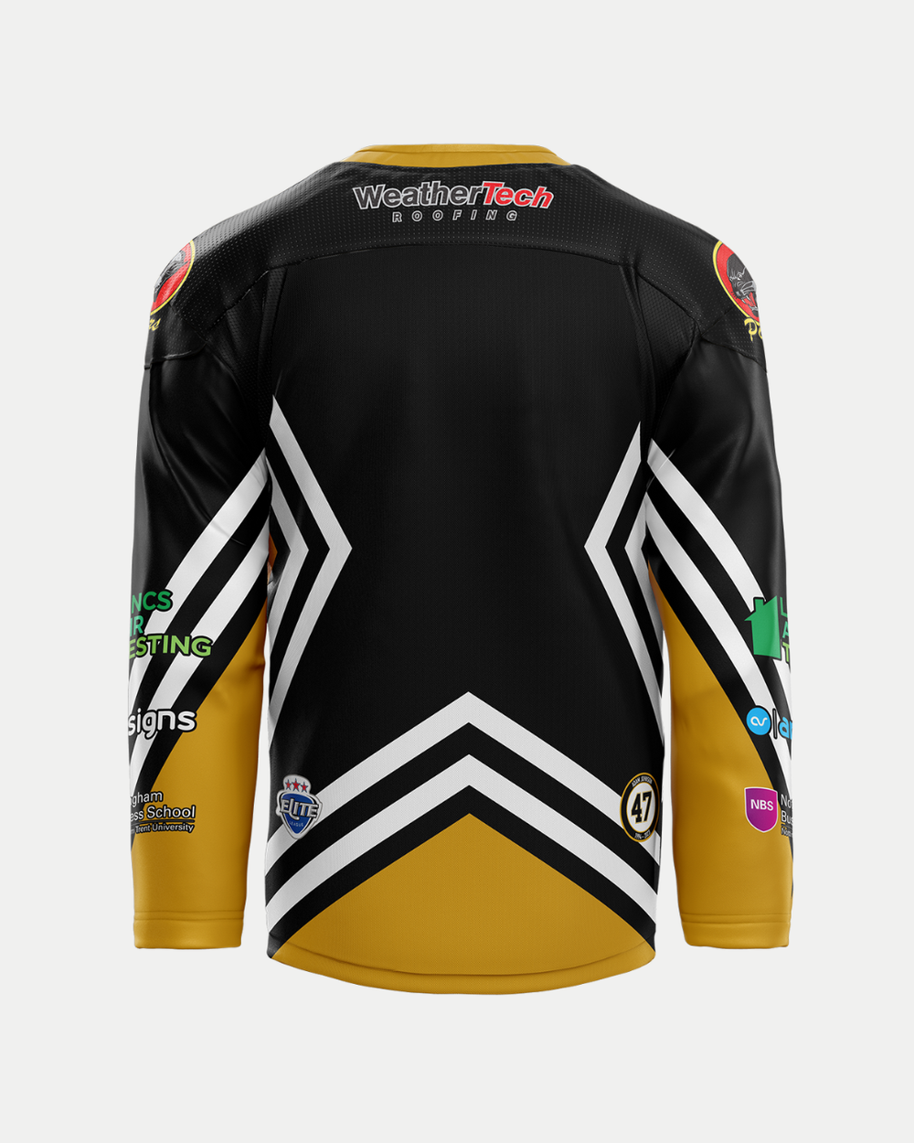 The Nottingham Panthers 2025/26 Authentic Replica Retro Jersey features a black back with white and gold chevron stripes, gold sleeves, and vibrant sponsor logos on the shoulders, lower back, and sleeves. Pre-order this exclusive jersey now!.